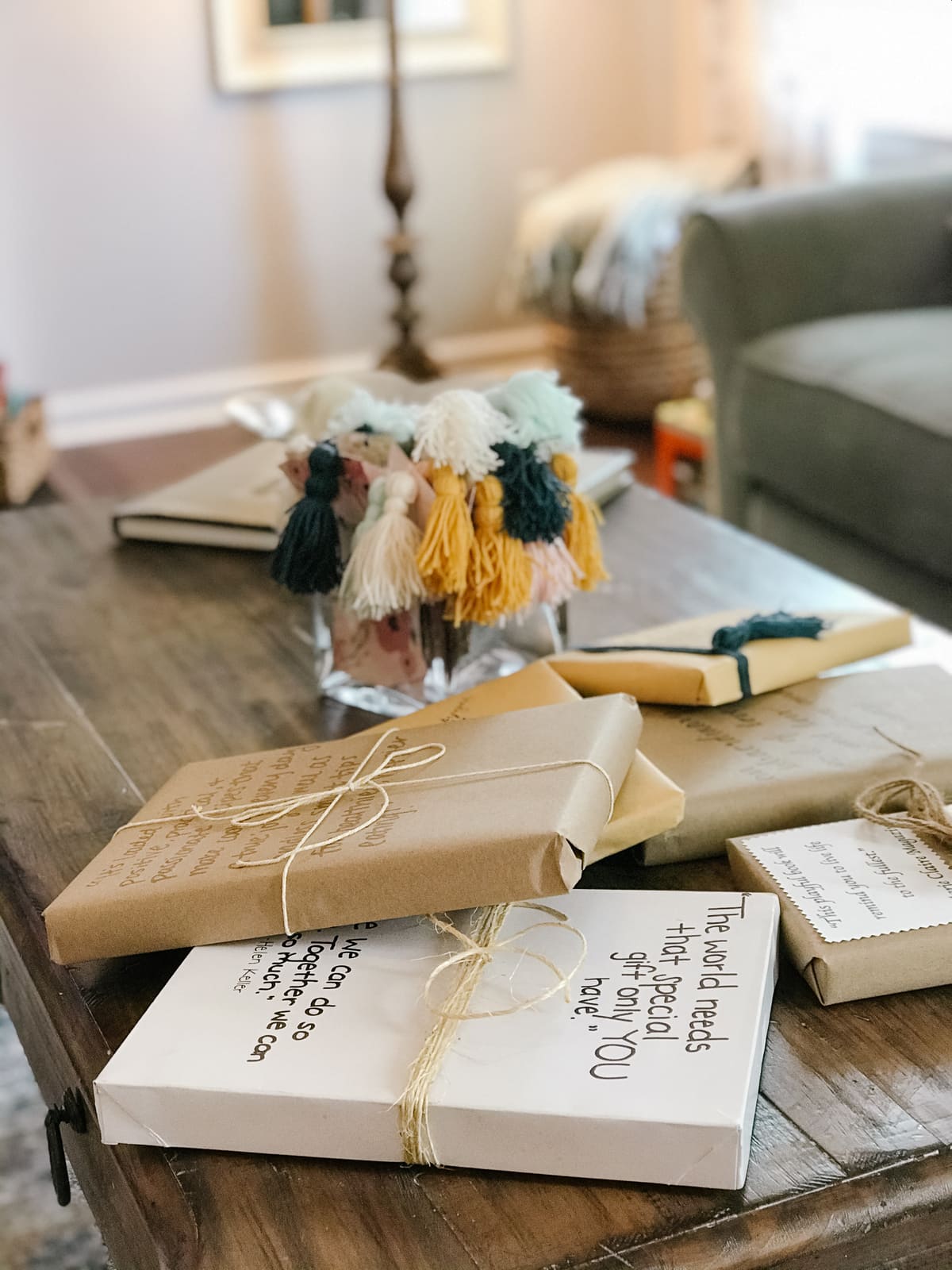 book wrapped in kraft paper with quotes